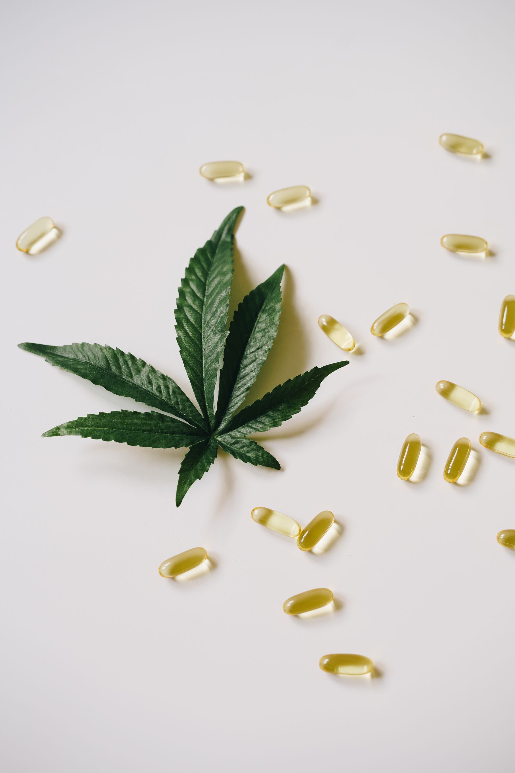 Flat lay of cannabis leaf surrounded by gel capsules on a white surface.